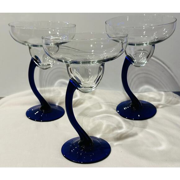 Libbey Bravura Margarita Glasses Set Cobalt Blue Curved Stemware Bar Drink - Picture 1 of 9